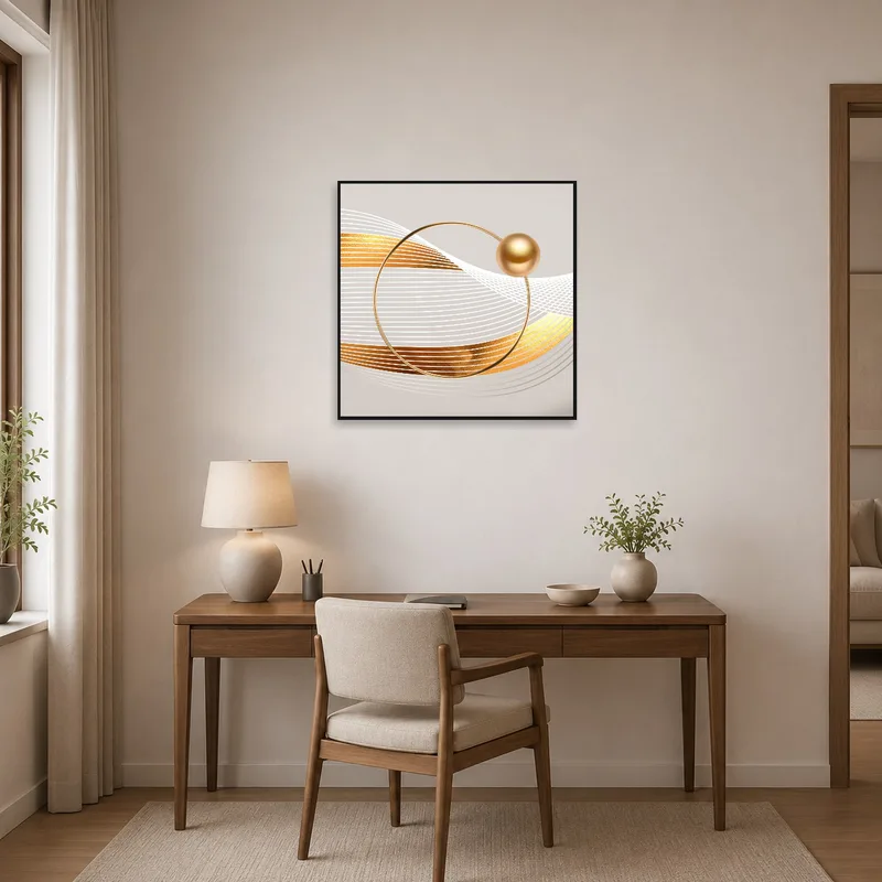 Abstract geometric art inspiring creativity in a contemporary home office.
