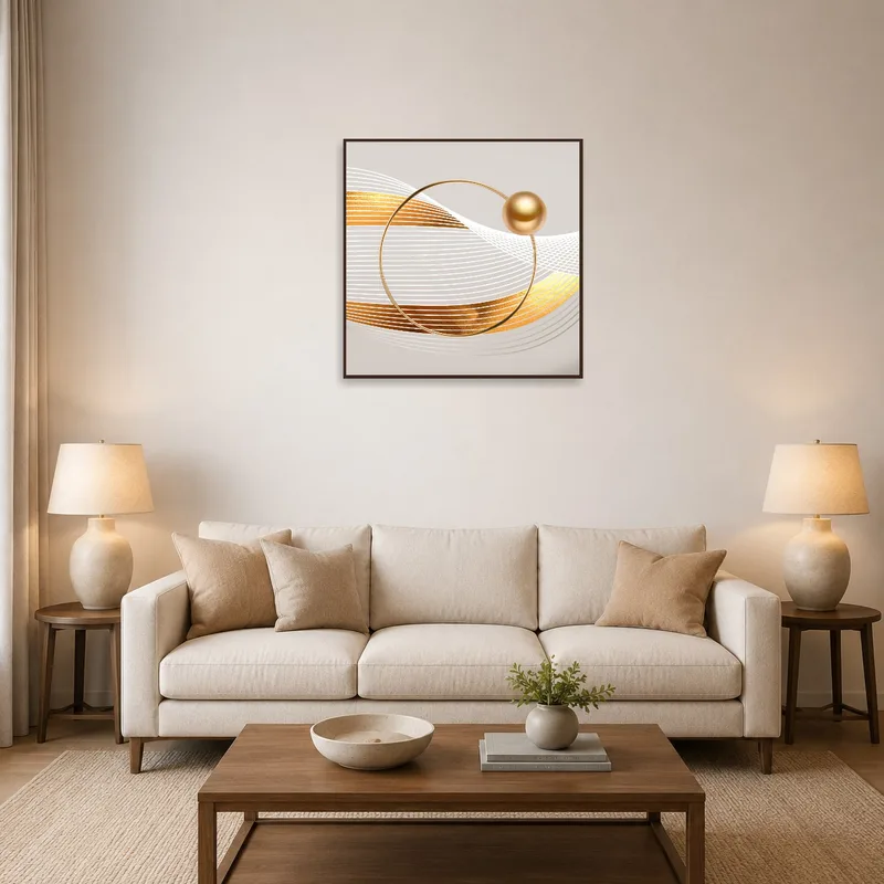 Abstract gold and white geometric art on a living room wall with modern furnishings.