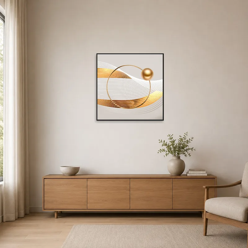 Gold and white geometric art complementing a minimalist room with sleek lines.