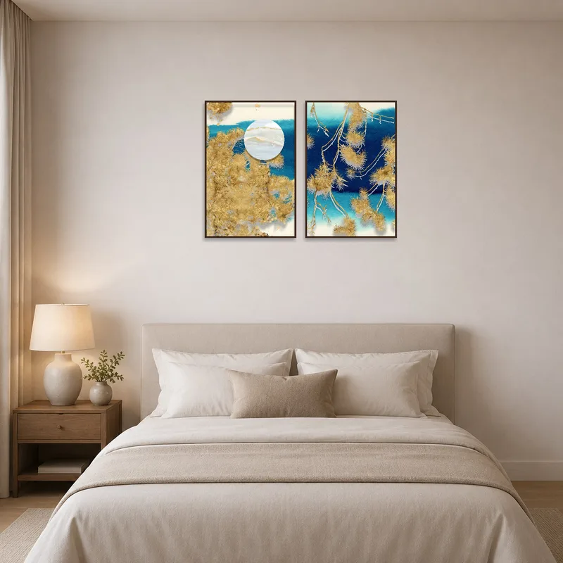 Bedroom adorned with abstract gold and oceanic botanical wall art.