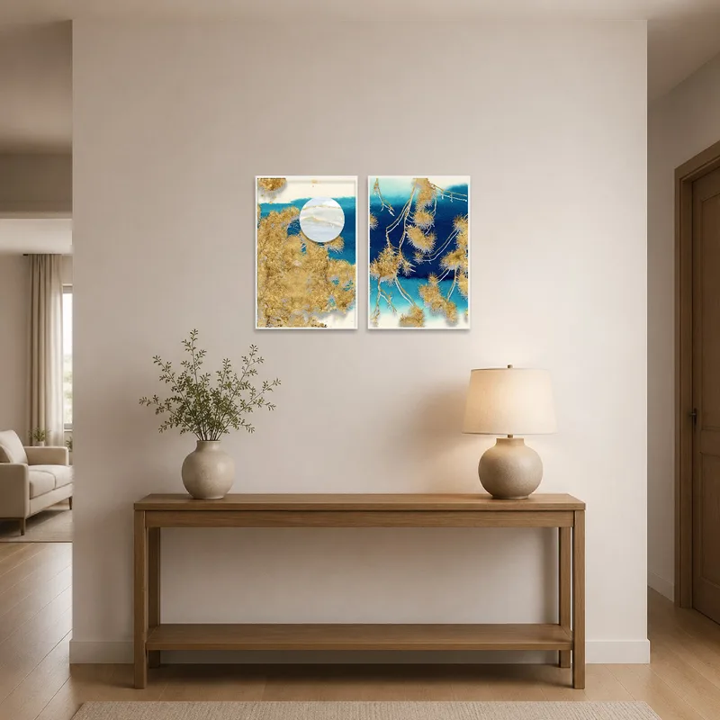 Gold and oceanic botanical art enhances the entrance hall aesthetic.