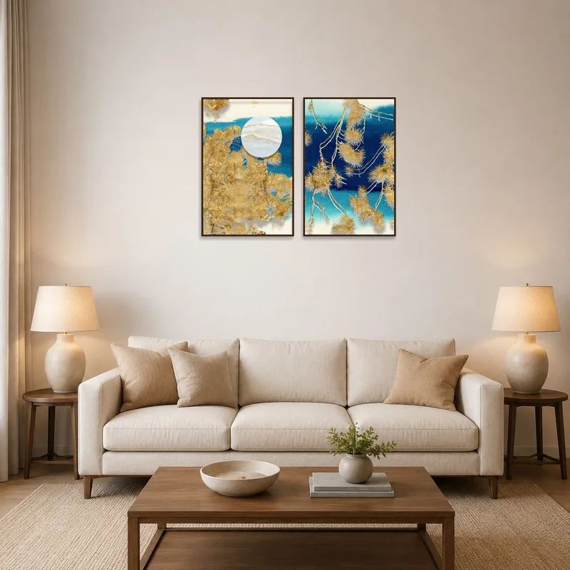 Abstract gold botanical duos add elegance to a stylish living room.