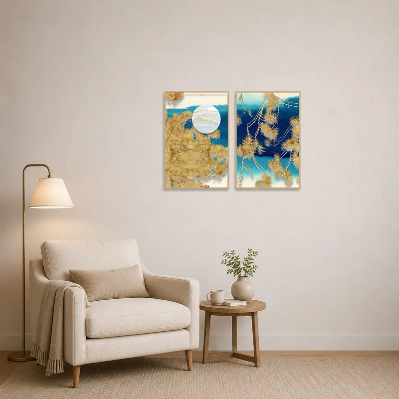 Reading corner features abstract botanical duos for a calming touch.