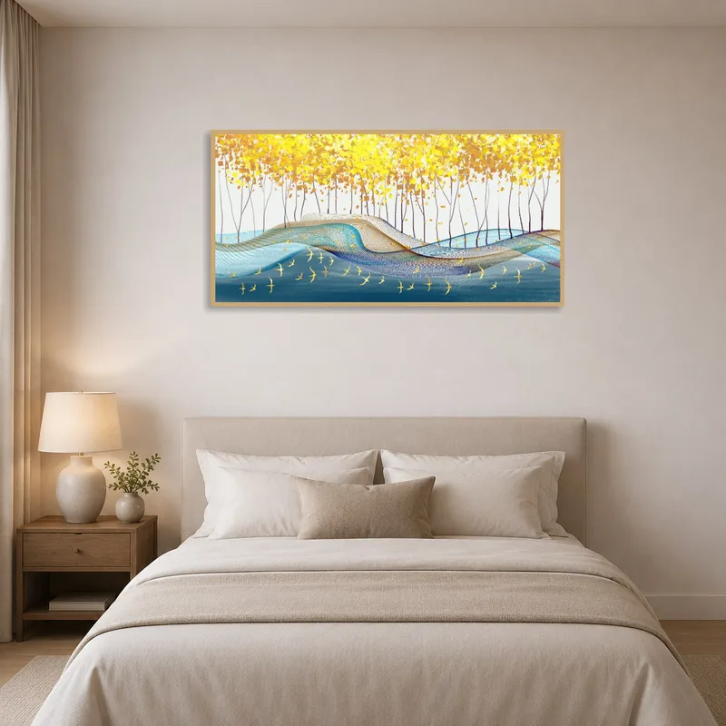 Luxurious forest and waves art piece graces the serene bedroom.
