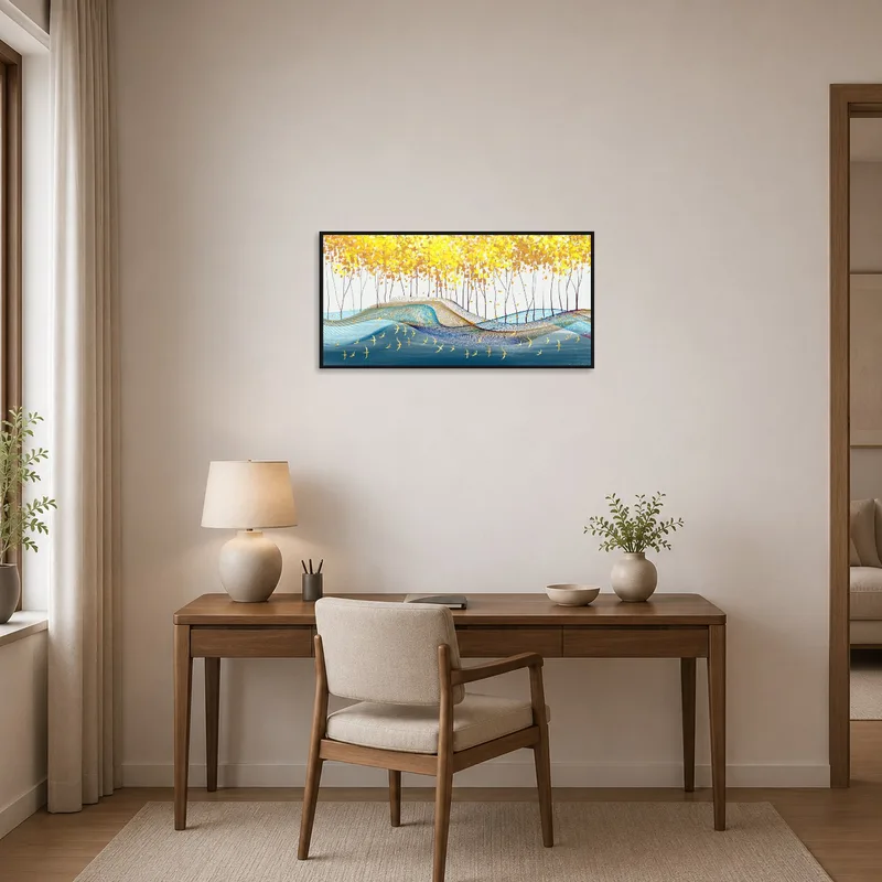 Stylish home office featuring abstract gold leaf forest artwork.