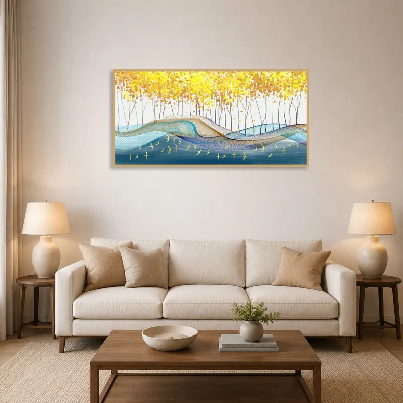 Abstract art with gold leaf forest and waves in a modern living room setup.