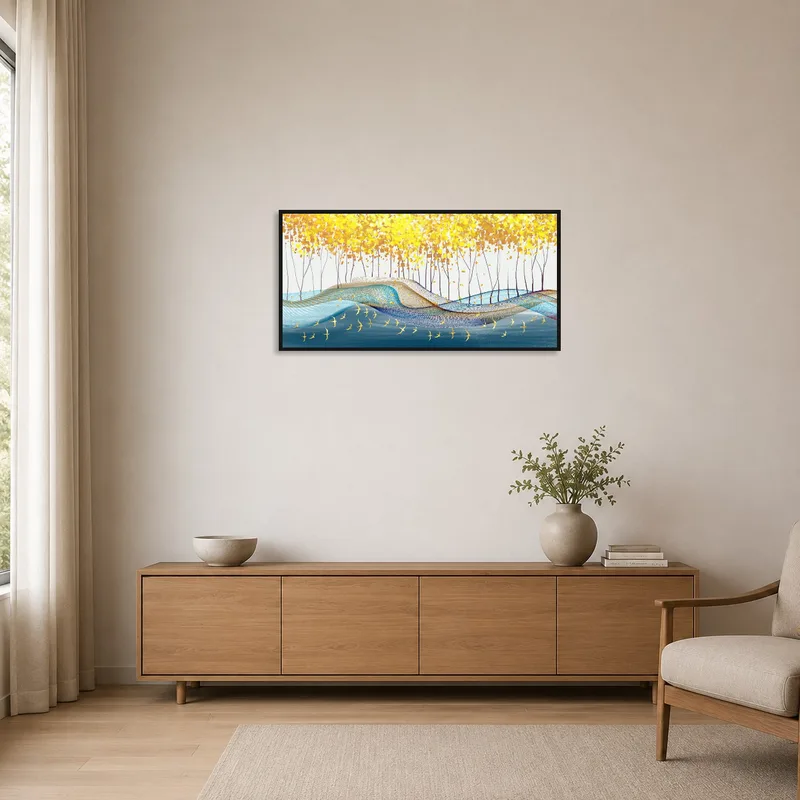 Gold leaf forest artwork complements the minimalist room with neutral tones.