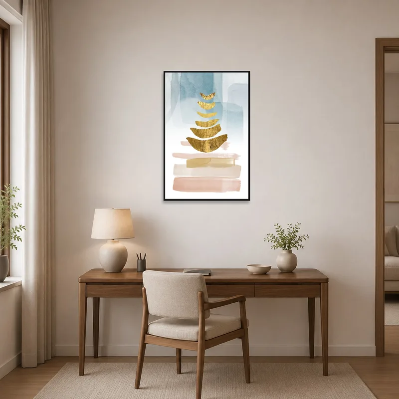 Home office with abstract gold art inspiring productivity.