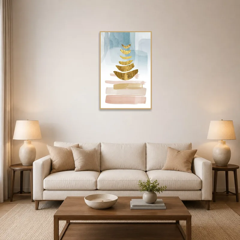 Abstract gold and watercolor art enhancing a cozy living-room space.