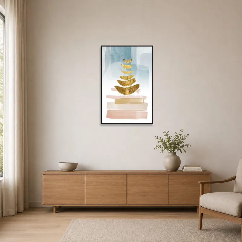 Minimalist room featuring abstract gold art on a clean wall.