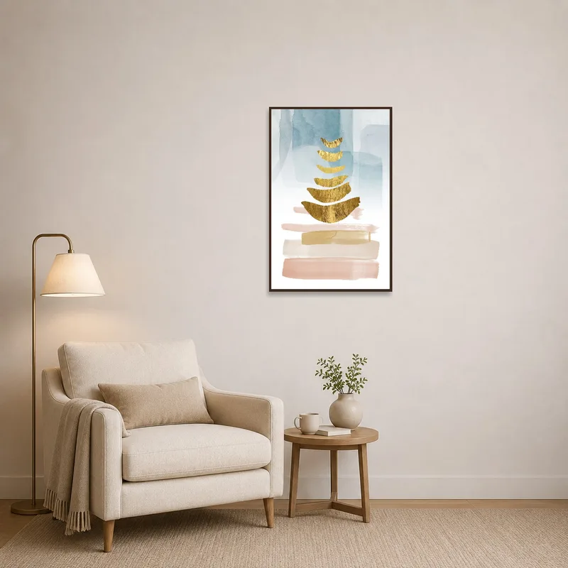 Reading corner adorned with abstract gold and watercolor art.