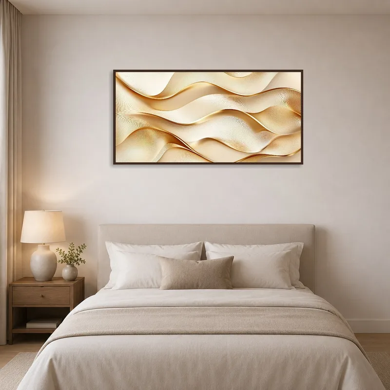 Elegant bedroom with abstract gold wave themed art piece.