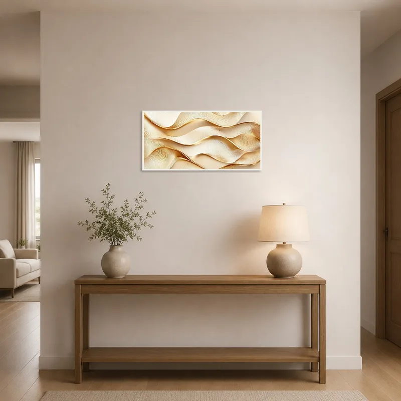 Abstract gold wave art greets you in the entrance hall.