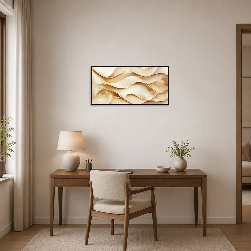Home office adorned with abstract gold wave wall art.
