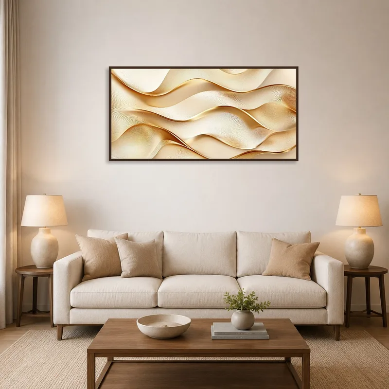A living room featuring abstract gold wave art on the wall.