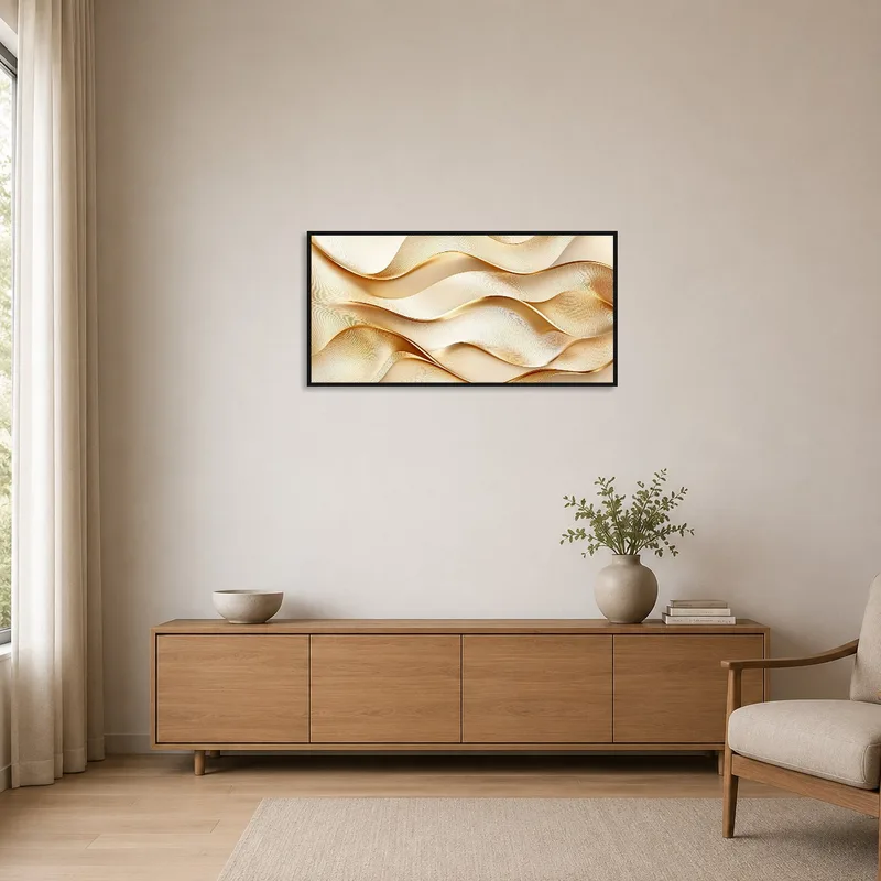 Minimalist room showcasing abstract gold wave art.