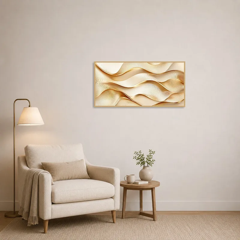 Reading corner highlighted by abstract gold wave wall art.