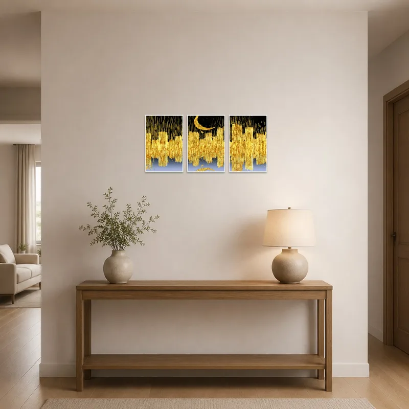 Entrance hall adorned with abstract golden and black triptych art welcoming guests.
