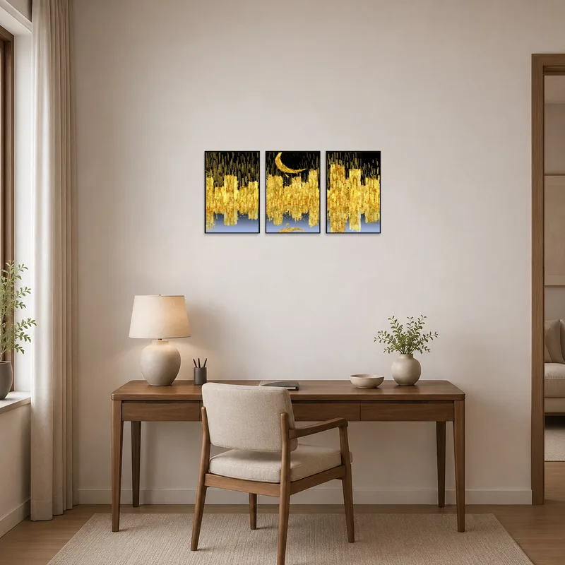 Elegant home office with abstract golden and black triptych art enhancing creativity.