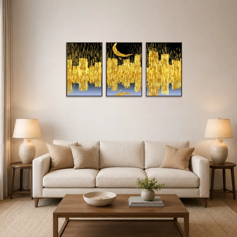 Abstract golden and black triptych art on a living room wall above a modern sofa.