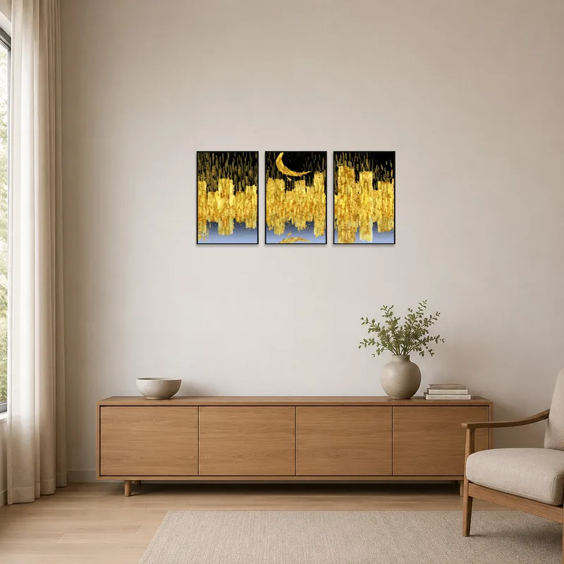 Minimalist room with abstract golden and black triptych art as a focal point.