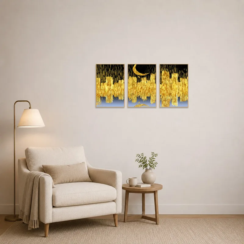 Reading corner featuring abstract golden and black triptych art for an elegant touch.