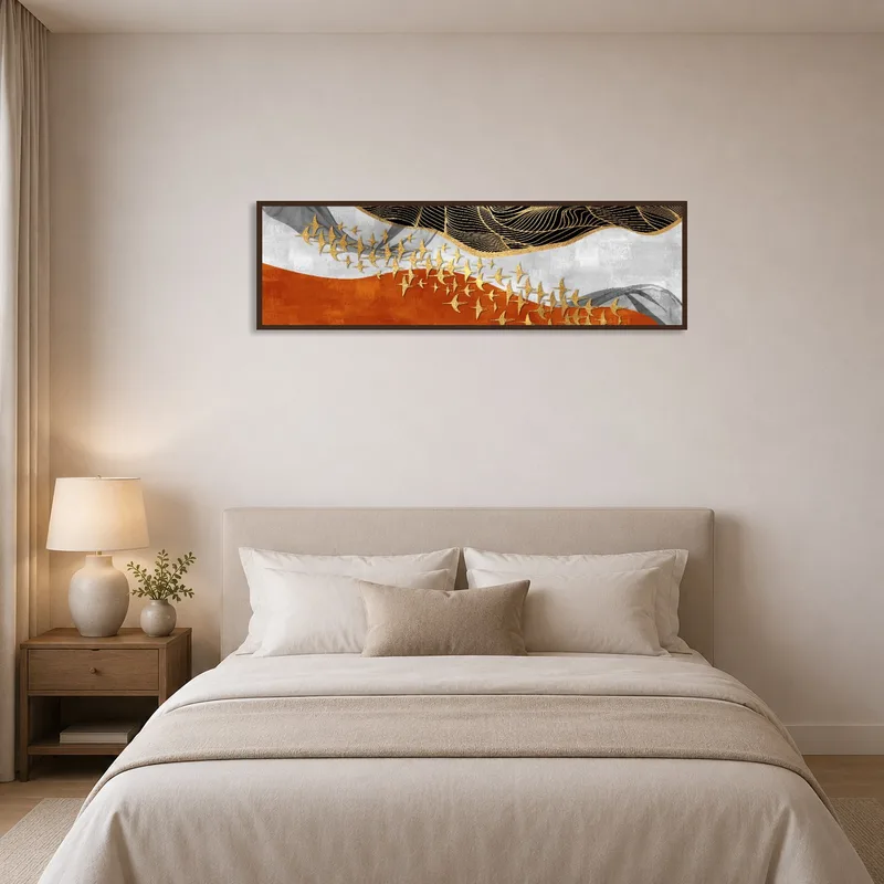 Abstract golden birds wall art brings warmth and elegance above the bed.