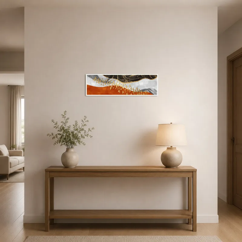 Abstract golden birds wall art welcomes guests in the elegant entrance hall.