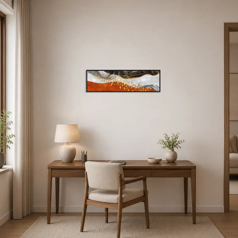 Home office adorned with abstract golden birds wall art enhancing productivity.