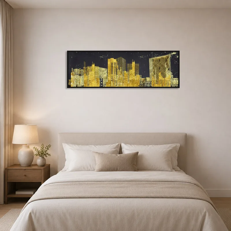 Golden cityscape print creating a serene atmosphere in a contemporary bedroom.