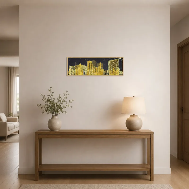 Golden cityscape print welcoming guests in a stylish entrance hall.