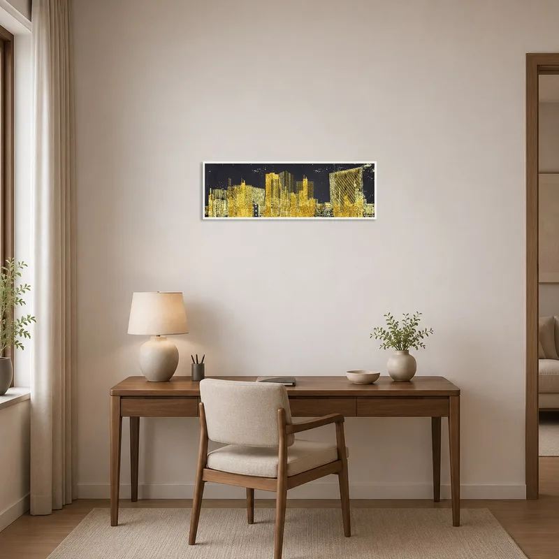 Abstract cityscape print inspiring creativity in a chic home office.