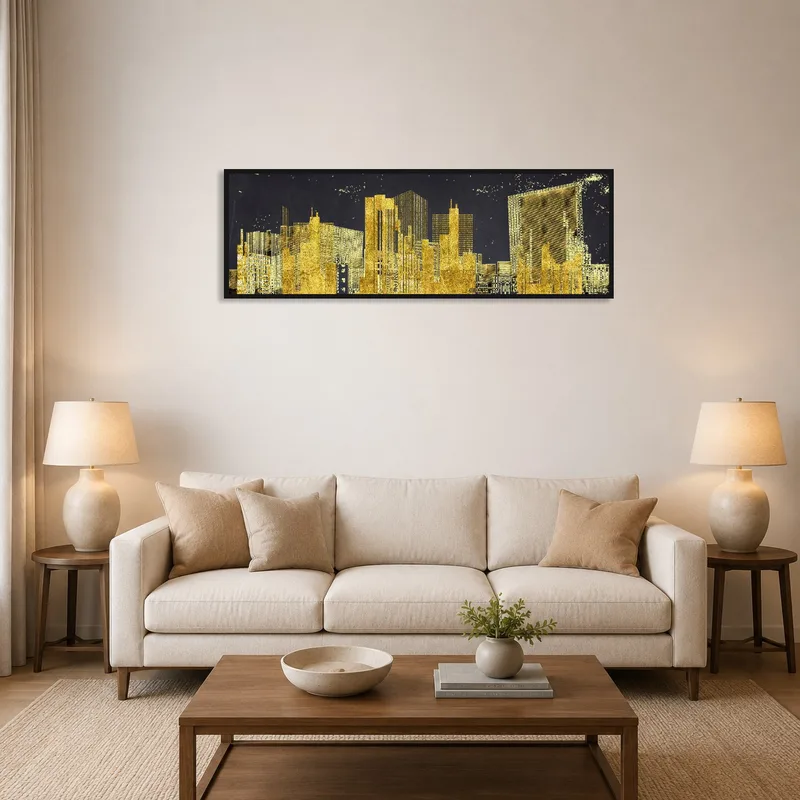 Panoramic print of an abstract golden cityscape hanging in a modern living room.