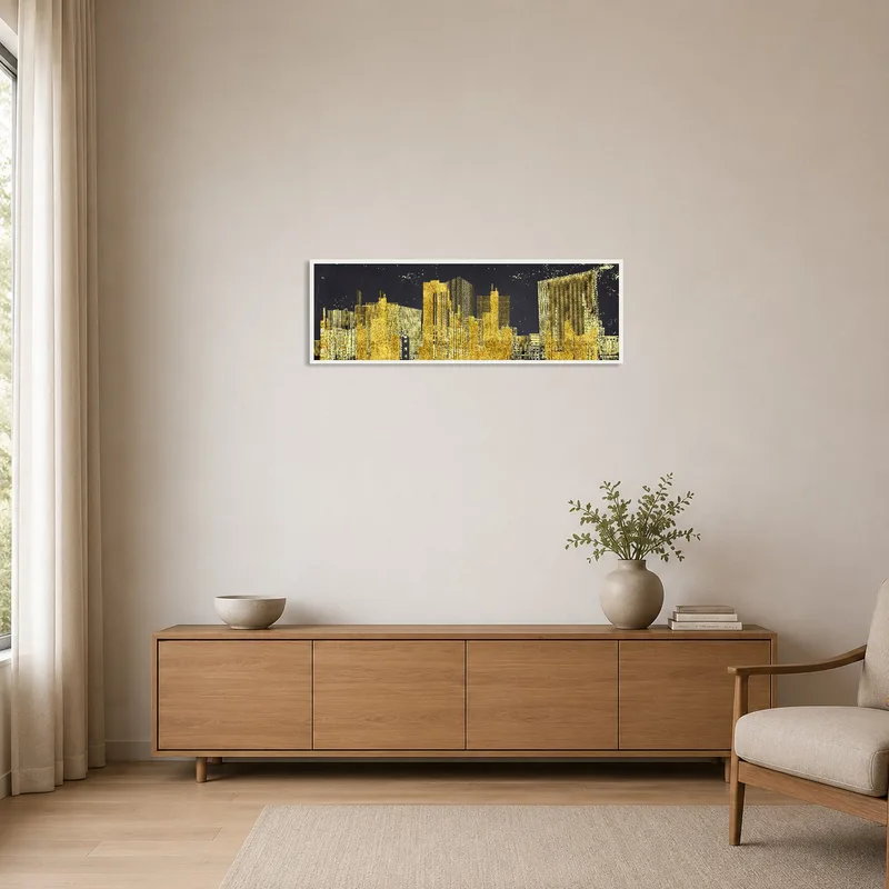 Abstract golden cityscape print enhancing a minimalist room with subtle elegance.