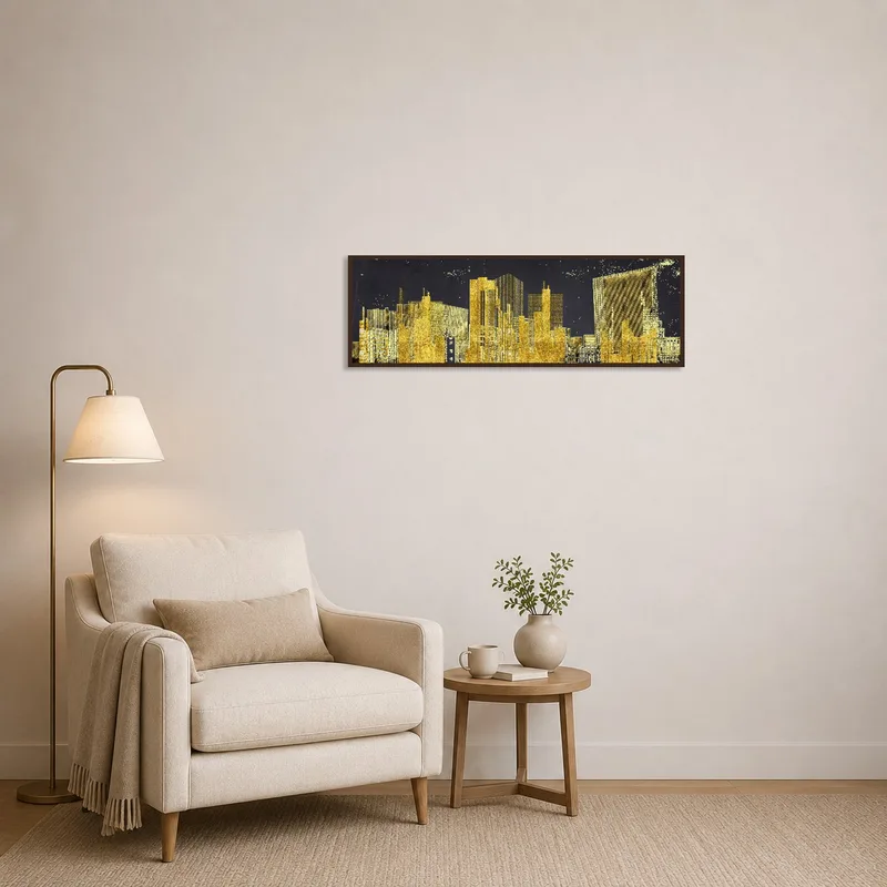 Abstract cityscape print adding a vibrant touch in a cozy reading corner.