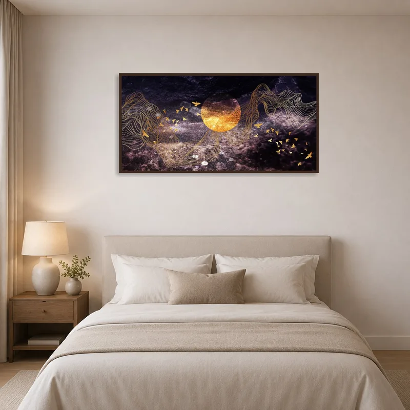 Elegant bedroom adorned with abstract golden waves and cosmic themes.