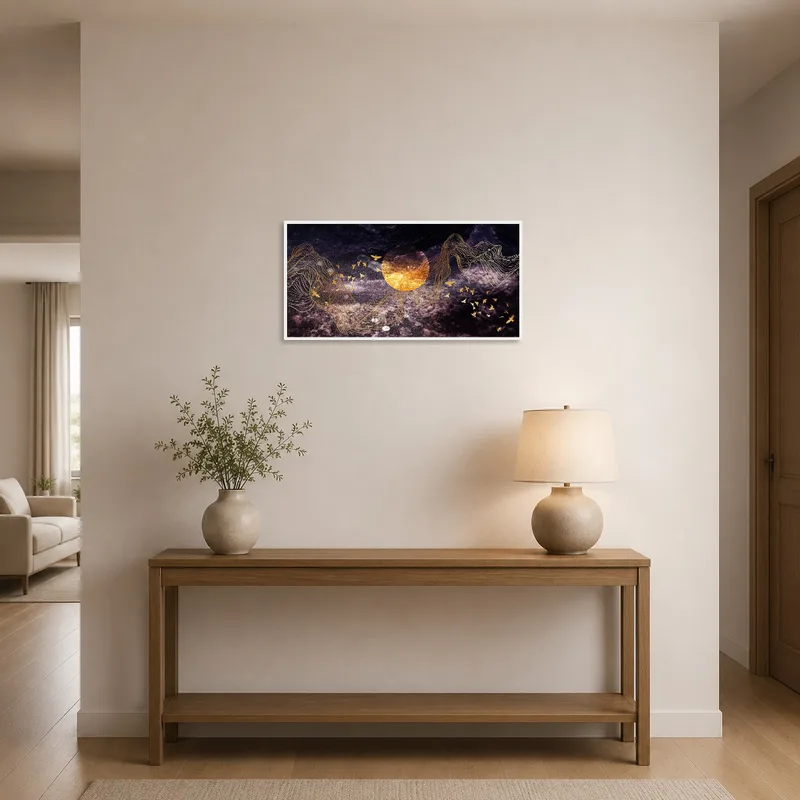 Entrance hall featuring dynamic gold and cosmic wave patterns.