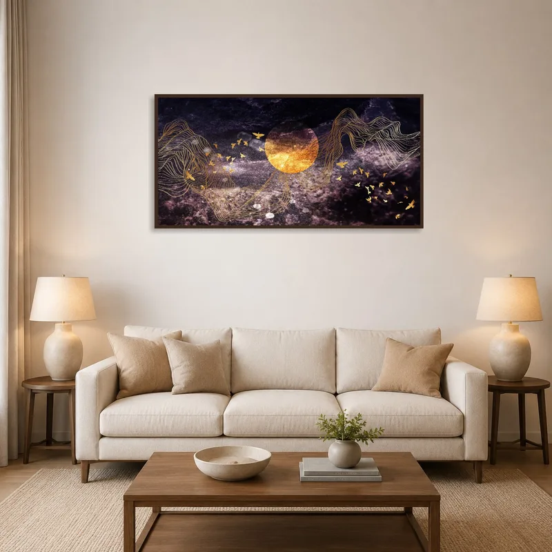 Artwork depicting golden waves on a cosmic background in a contemporary living room.