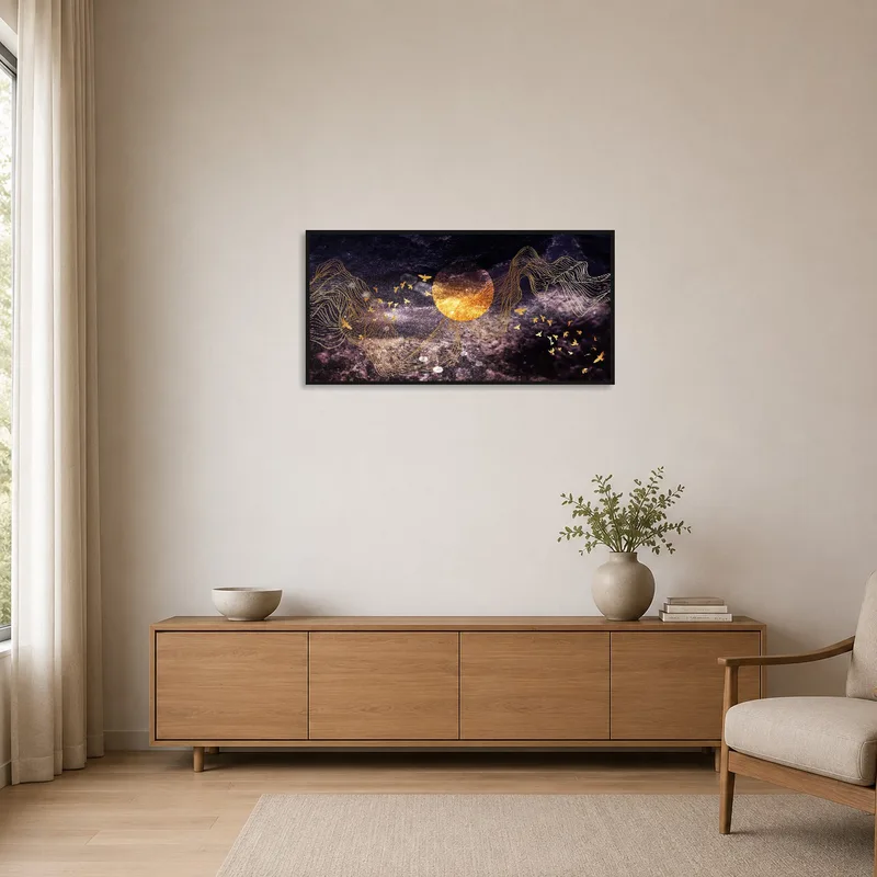 Minimalist room showcasing golden waves swirling in a cosmic expanse.