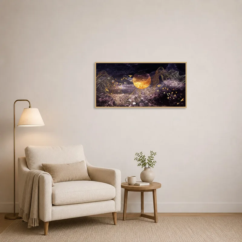 Cozy reading corner with artwork of golden waves blending with celestial elements.