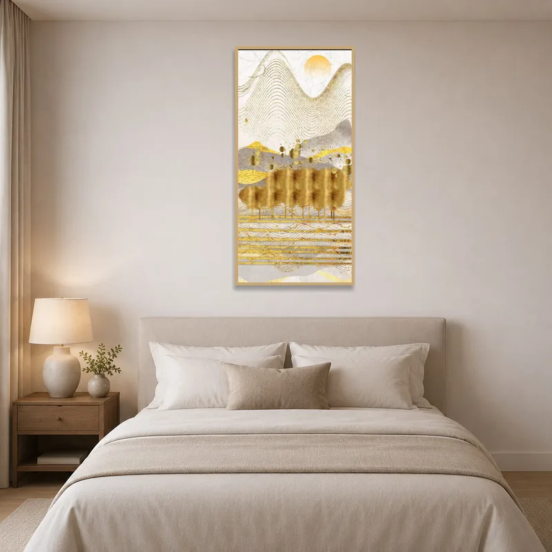 Bedroom wall adorned with abstract golden landscape depicting a sunlit scene.