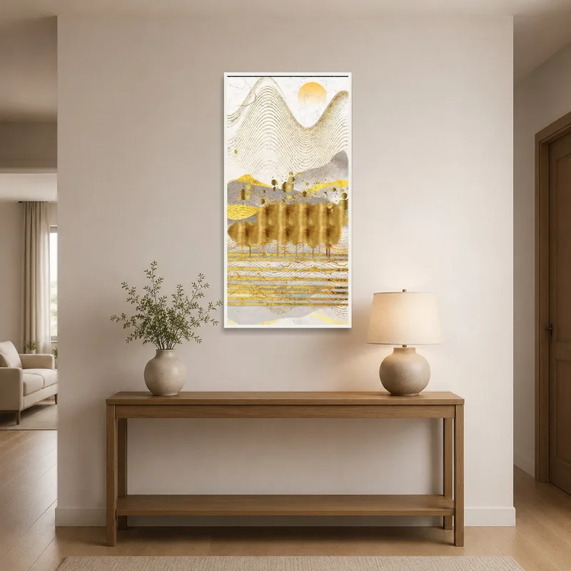 Golden landscape painting with sun displayed in a stylish entrance hall.