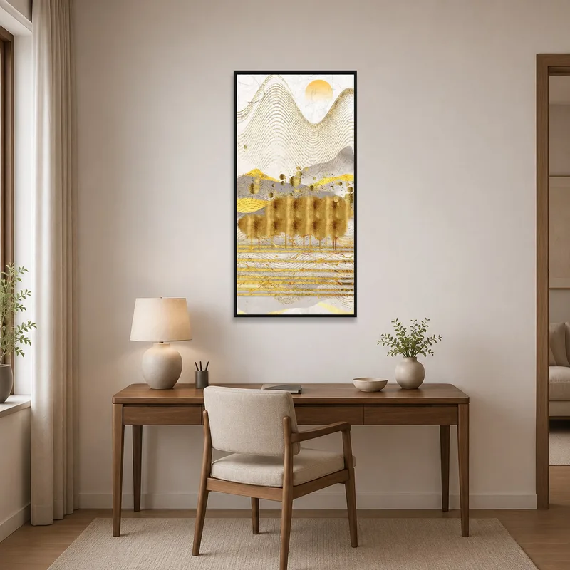 Home office featuring golden landscape art with a sun adding warmth to the space.