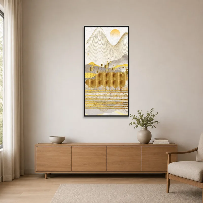 Minimalist room featuring abstract golden landscape with sun on a stark white wall.