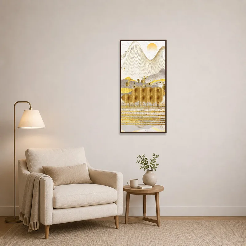 Abstract golden landscape with sun adorning a cozy reading corner wall.