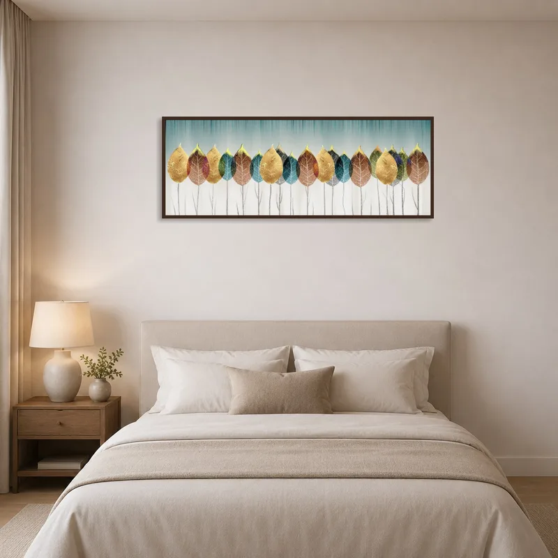 Golden leaf art enhancing the tranquility of a bedroom.