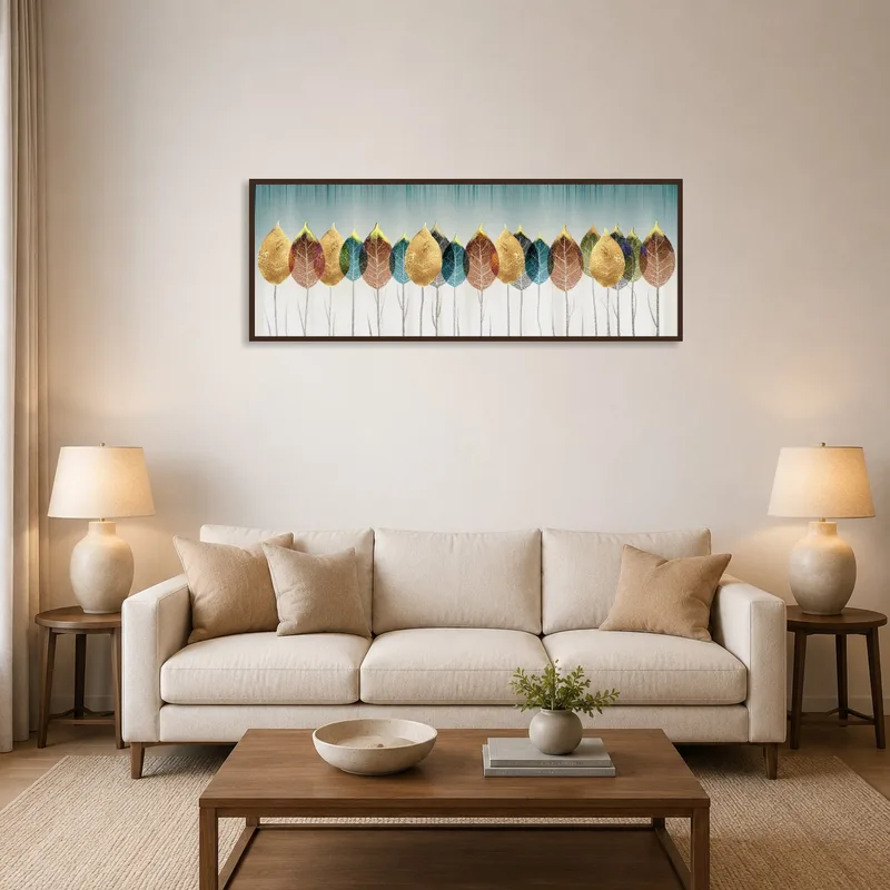 Golden leaf art on teal background in a cozy living room setting.