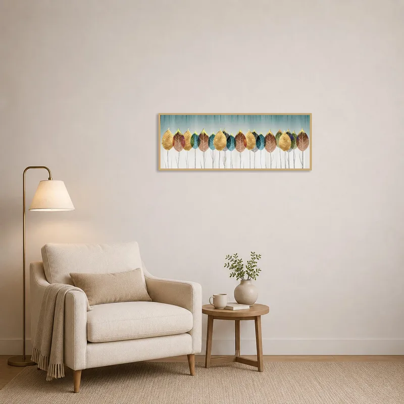 Golden leaf art creating a focal point in a reading corner.