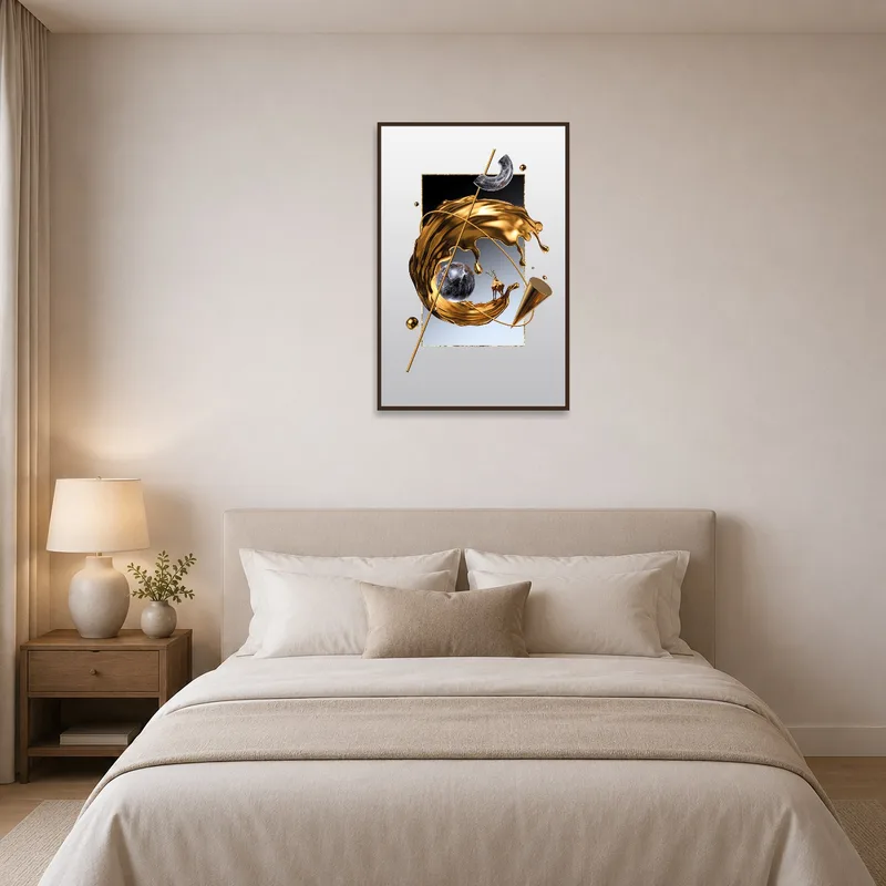 Abstract geometric art brings warmth and elegance to the bedroom's decor.