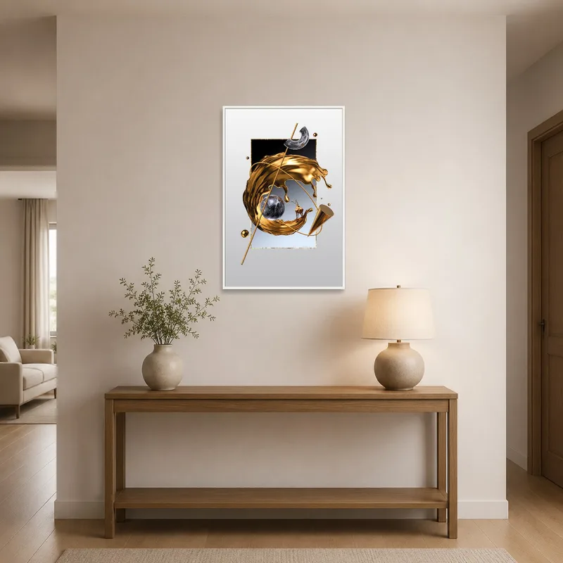 Striking abstract piece adorns the entrance hall, welcoming with golden accents.